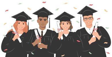 Group of happy graduates wearing an academic gown or robe and a graduation cap and holding a diploma. Girls and boys celebrate their university or college graduation. Flat vector illustration