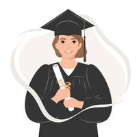 Happy graduate student with a diploma, wearing a robe and a square academic cap. A young woman who graduated from her studies. Flat vector illustration on white background.