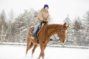 una niña monta un caballo en invierno. vacaciones de invierno foto