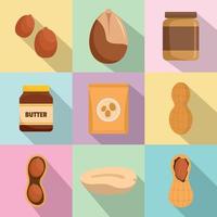 Peanut nuts butter jar icons set, flat style