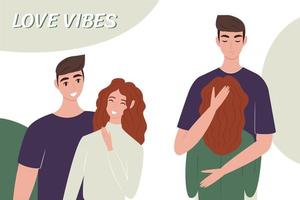 Love vibes set. Young happy man and woman are having fun, laughing, hugging. Couple in love. Template for design. Cute vector illustration in flat style.