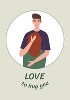 Man woman support concept flat. Young man supporting, hugging and comforting a woman. Cute postcard. Vector illustration in flat style.