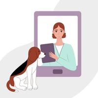 Veterinary online consultation flat concept. A female veterinarian treats a beagle online. Veterinarian online service for dog. Vector illustration in flat style.