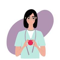 Nutritionist concept. Female nutritionist stands with red apple. Template on a white background. Vector illustration in flat style.