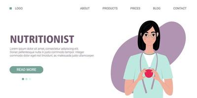 Nutritionist web banner. Female nutritionist stands with red apple. Template on a white background. Vector illustration in flat style.