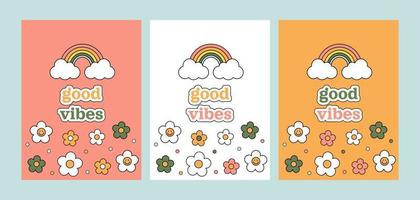 Good vibes 1970 set. Three postcards with colorful cartoon daisies and rainbow. 70s vibes background. Trippy hand drawn vector illustration.