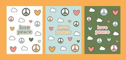 Juego de 1970 de Love Peace Groovy. tres postales con coloridos corazones de dibujos animados y símbolos de paz. Fondo de vibraciones de los 70. ilustración de vector dibujado a mano trippy.