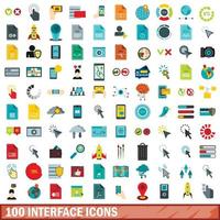 100 interface icons set, flat style vector