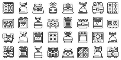 Burning gas stove icons set, outline style vector