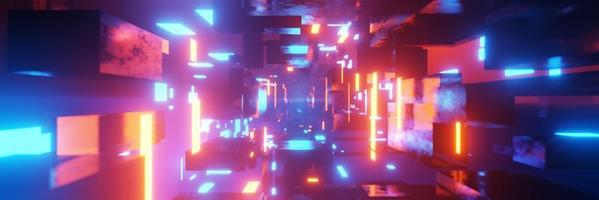 Abstract Futuristic tunnel Laser Cube geometric cyberspace wormhole Cyberpunk Background 3D rendering photo