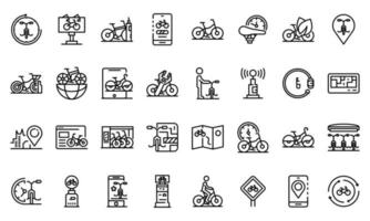 conjunto de iconos de alquiler de bicicletas, estilo de esquema vector
