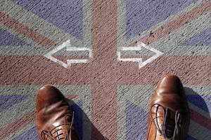 Brexit or No Brexit. Looking down at a pair of shoes and the Union Jack. photo