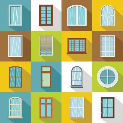 Plastic window forms icons set, flat style