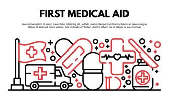 First medical aid banner, outline style Forensic laboratory icons set vector flat