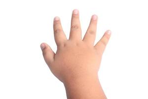 la mano de un gordo asiático con fondo blanco foto