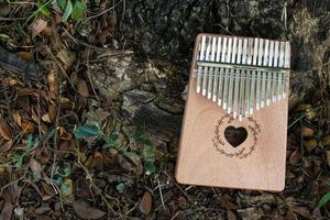 tocar a mano kalimba o mbira es un instrumento musical africano hecho de tablero de madera con metalinstrument en el jardín foto