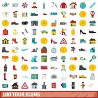 100 tour icons set, flat style vector