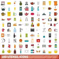 100 utensil icons set, flat style
