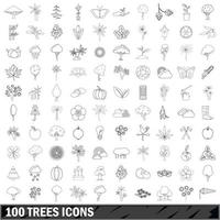 100 árboles, conjunto de iconos de estilo de contorno vector