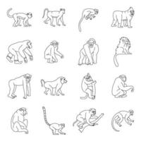 Monkey types icons set, outline style vector