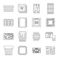 Computer chips icons set, outline style vector