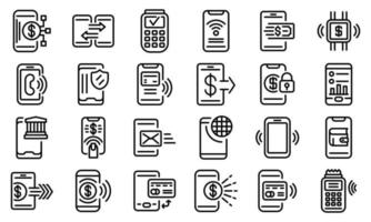 Mobile payment icons set, outline style vector