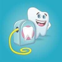 Smiling tooth with floss box concept background, cartoon style vector