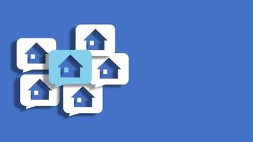 Pile of house building icons in speech bubble isolated on blue background. 3D Rendering photo