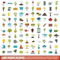 100 park icons set, flat style