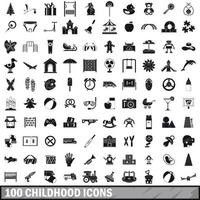 100 childhood icons set, simple style
