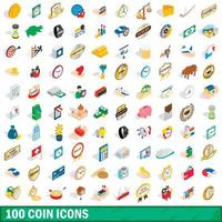 100 coin icons set, isometric 3d style vector