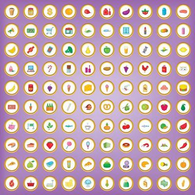 100 supermarket icons set in cartoon style
