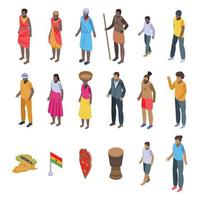 Conjunto de iconos de personas africanas, estilo isométrico vector