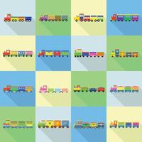 tren, juguete, niños, iconos, conjunto, plano, estilo vector