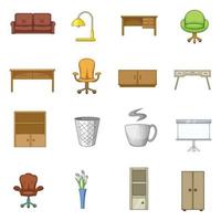 Office furniture interior icons set, cartoon style