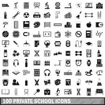 100 private school icons set, simple style