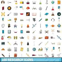 100 research icons set, cartoon style vector