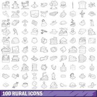 100 rural icons set, outline style