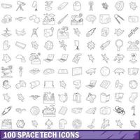 100 space tech icons set, outline style vector