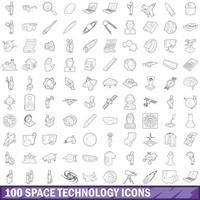 100 space technology icons set, outline style vector