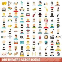 100 theatre actor icons set, flat style vector