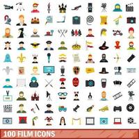 100 film icons set, flat style vector