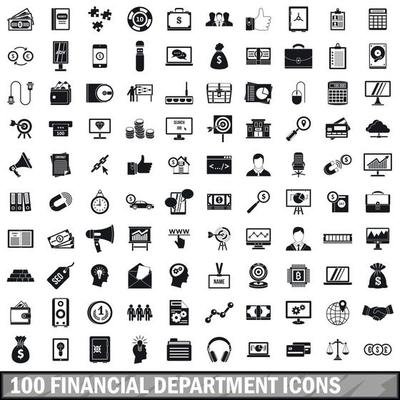 100 financial department icons set, simple style