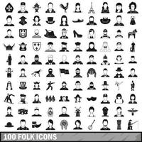 100 folk icons set, simple style vector