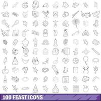 100 feast icons set, outline style vector