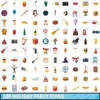 100 holiday party icons set, cartoon style vector