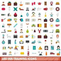 100 conjunto de iconos de entrenamiento de posada, tipo plano vector