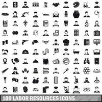 100 labor resources icons set, simple style