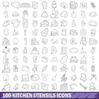 100 iconos de utensilios de cocina, estilo de esquema