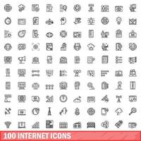 100 internet icons set, outline style vector